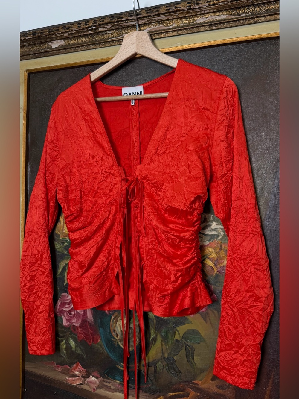 Ganni Bright Red Tie-Front Cardigan
